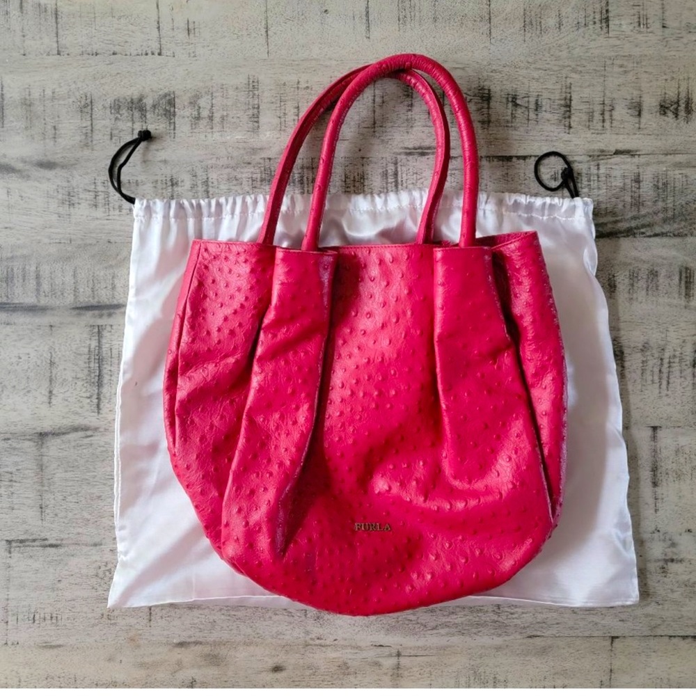 Furla Pink Leather Double Handle Ostrich Bag